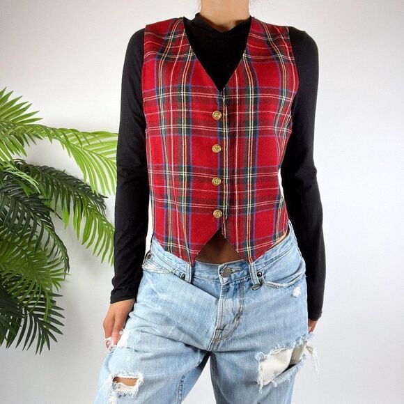 Vintage 90s Grunge Red Preppy Old Money Academia Dark Plaid Vest / Size: Small - Picture 1 of 4